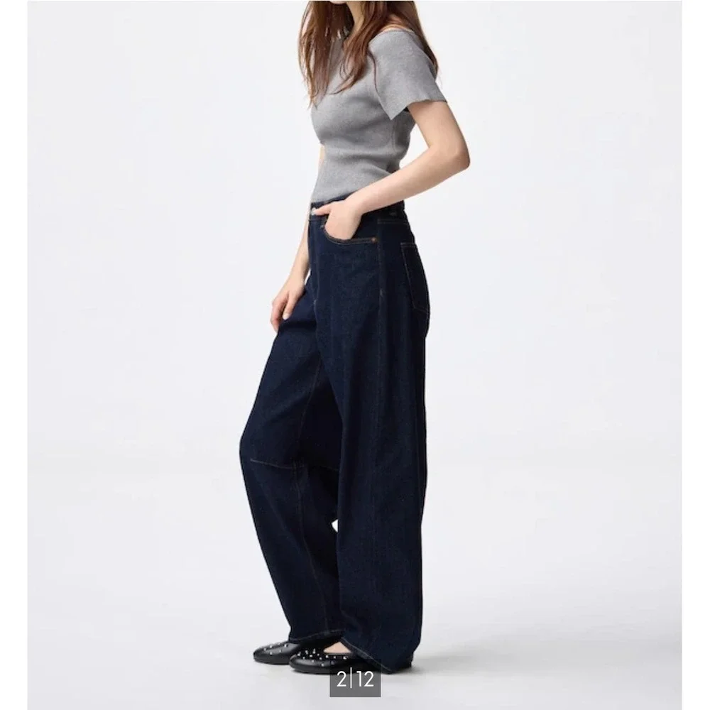 GU Jeans Women's LARGE Barrel Wide Leg Flare Dark Wash Wide Leg Baggy Raw Denim - Picture 3 of 12